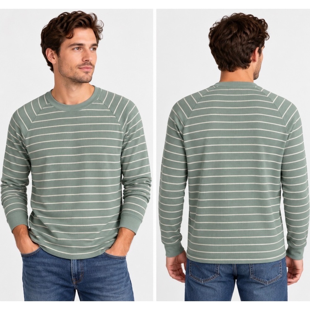 NWOT Vince Pima Cotton Waffle Knit Striped Long Sleeve Tee Sage Green Men's L